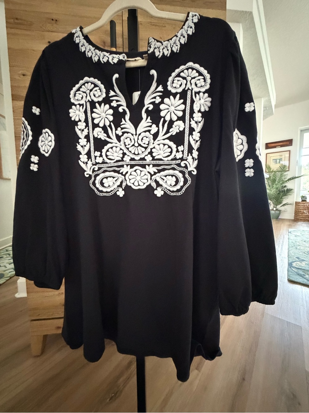 Soft Surroundings Black Tunic with White Floral Embroidery